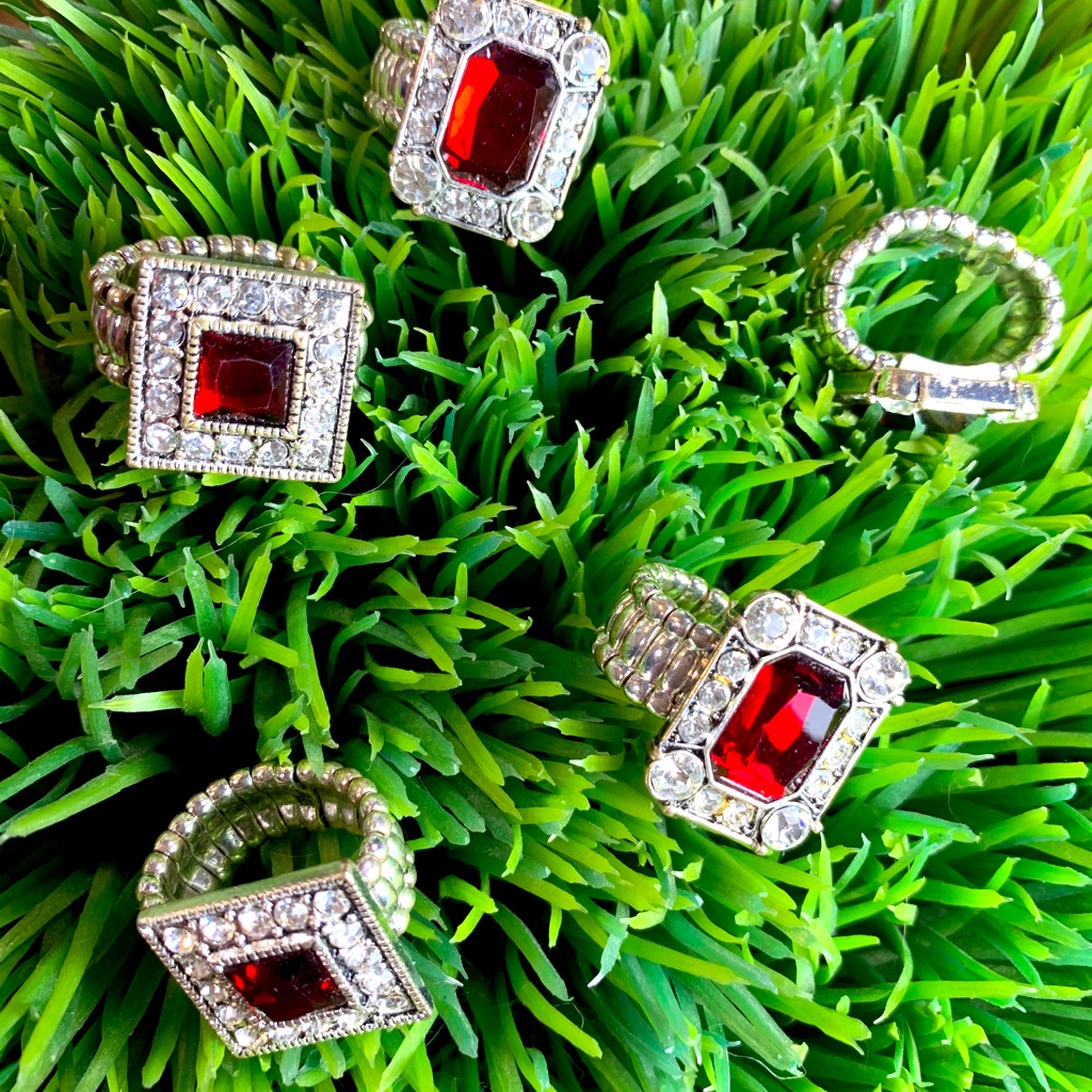 Rhinestone Ruby Stretch Ring - Silvertone